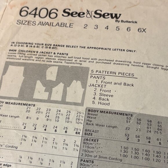 See & Sew Butterick 6406 Sewing Pattern Size 2 4 6 Kids Jacket Pants uncut - Picture 4 of 7